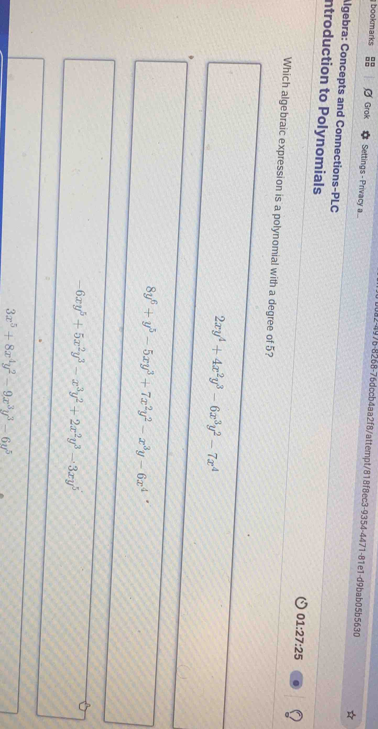 which algebraic expression is a polynomial with a degree of 5? 2xy^{4}+…