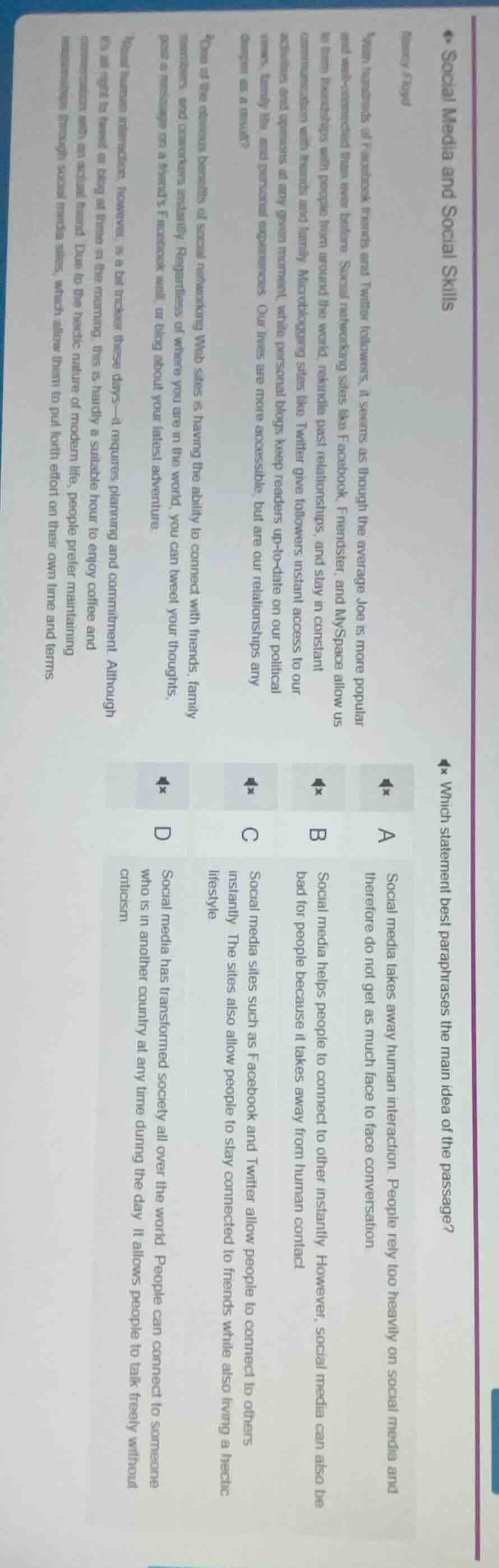 social media and social skills which statement best paraphrases the mai…