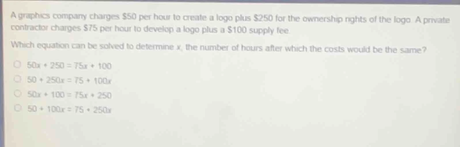 a graphics company charges $50 per hour to create a logo plus $250 for …