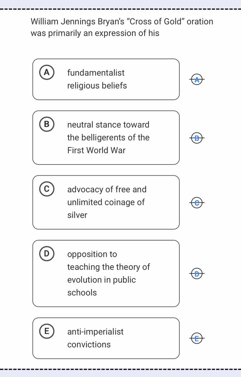 william jennings bryan’s “cross of gold” oration was primarily an expre…