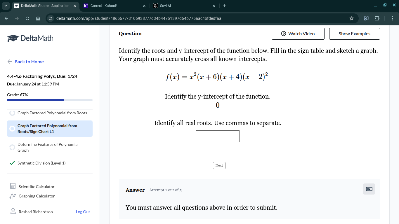 identify the roots and y-intercept of the function below. fill in the s…