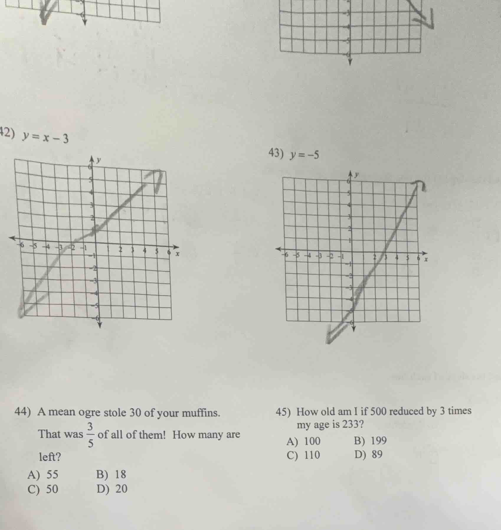 42) $y = x - 3$ 43) $y = -5$ 44) a mean ogre stole 30 of your muffins. …