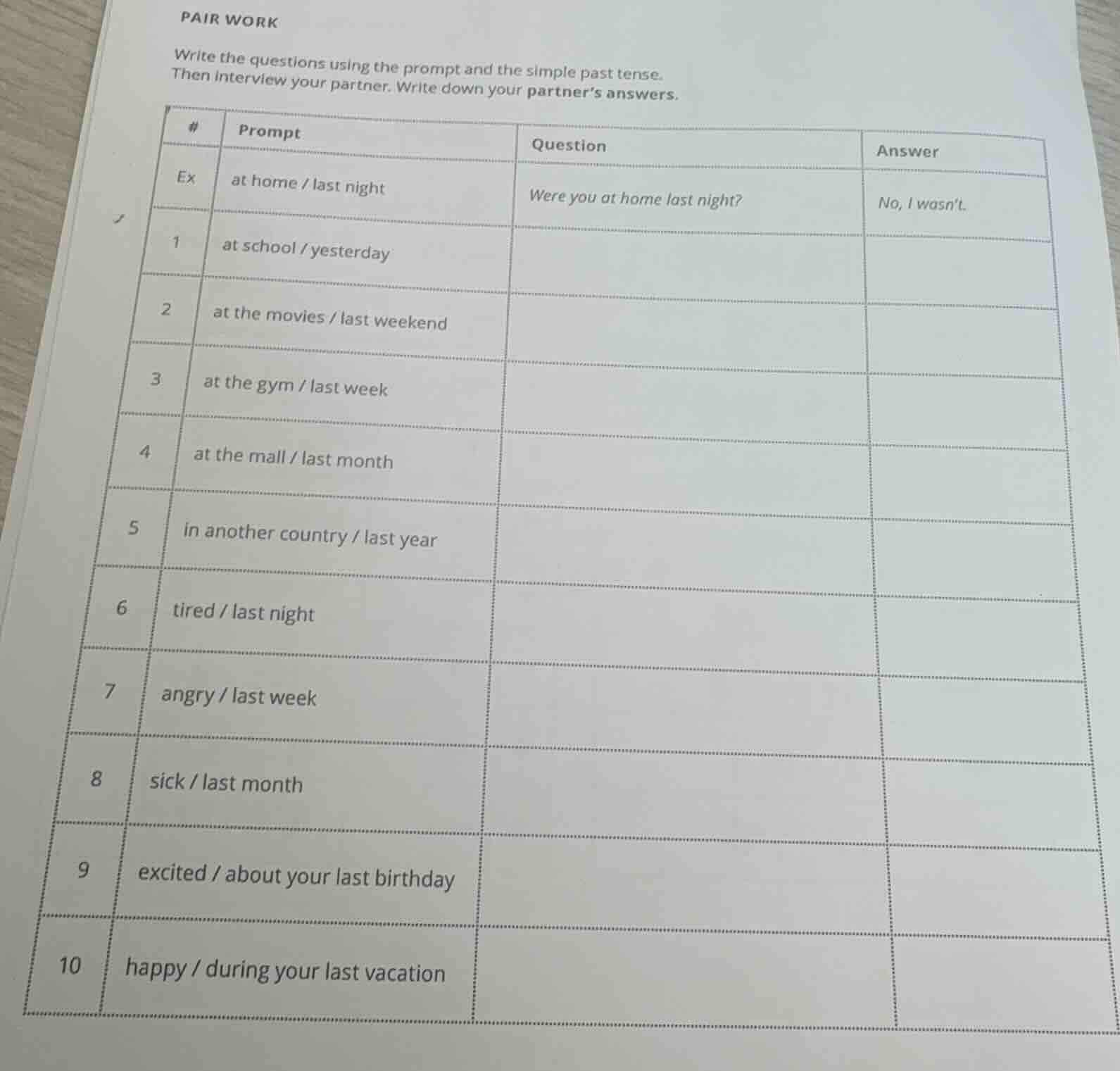 pair work write the questions using the prompt and the simple past tens…