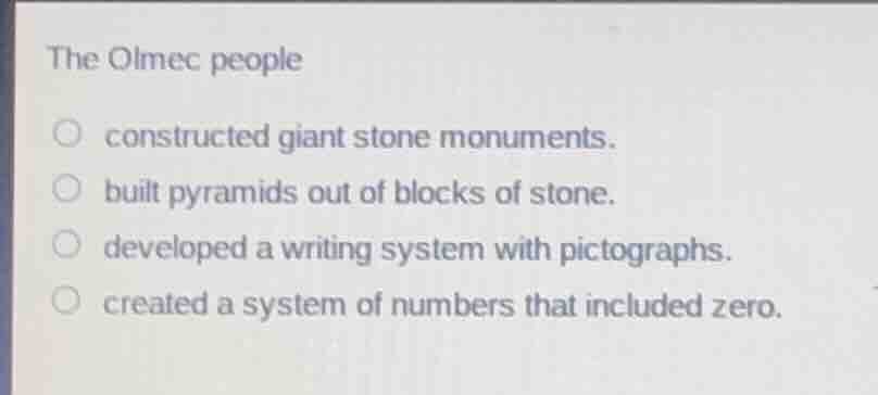 the olmec people constructed giant stone monuments. built pyramids out …
