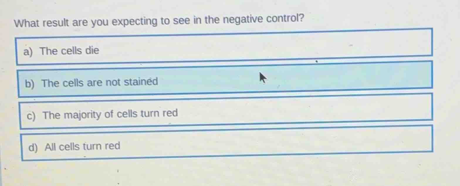 what result are you expecting to see in the negative control? a) the ce…