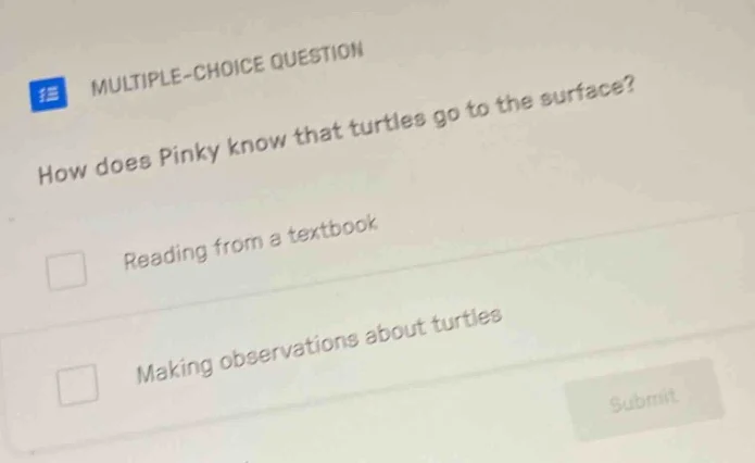 multiple-choice question how does pinky know that turtles go to the sur…