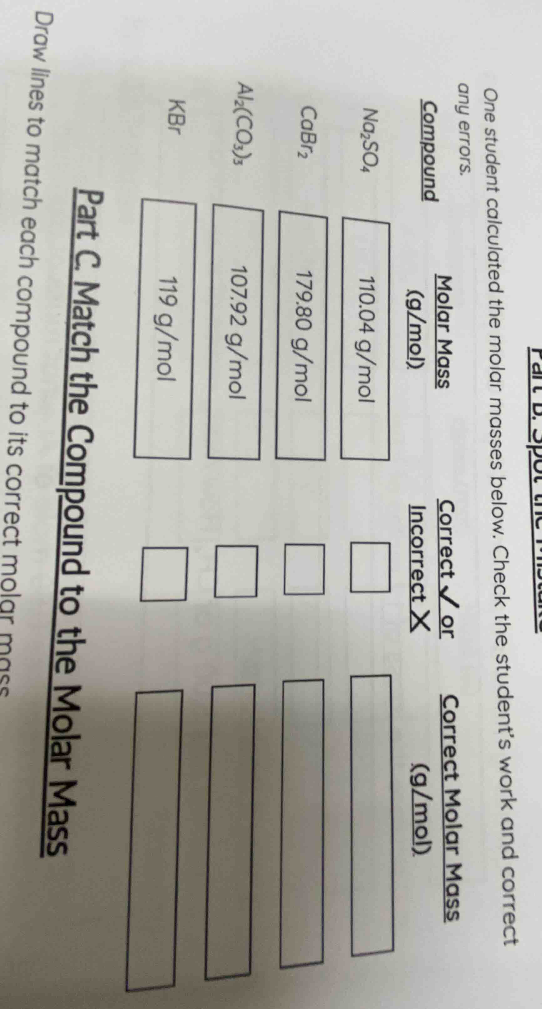 part c. match the compound to the molar mass draw lines to match each c…