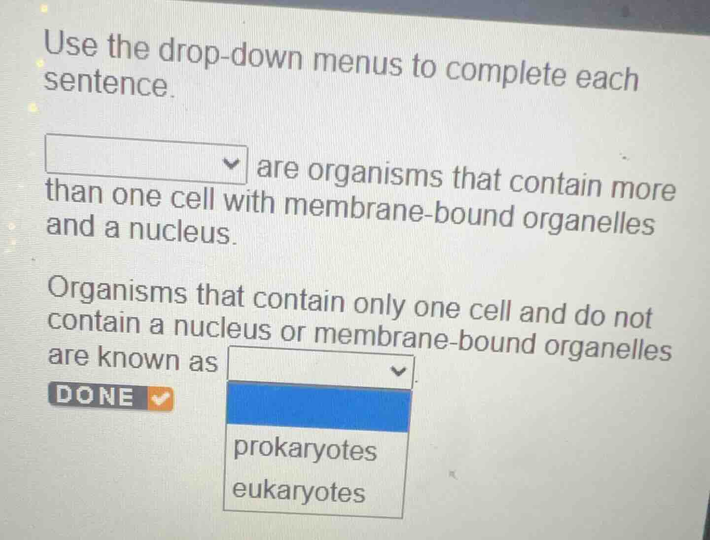 use the drop - down menus to complete each sentence. drop - down menu a…