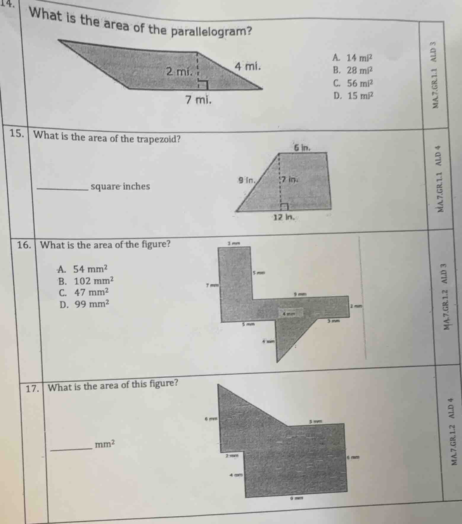 14. what is the area of the parallelogram? a. 14 mi² b. 28 mi² c. 56 mi…