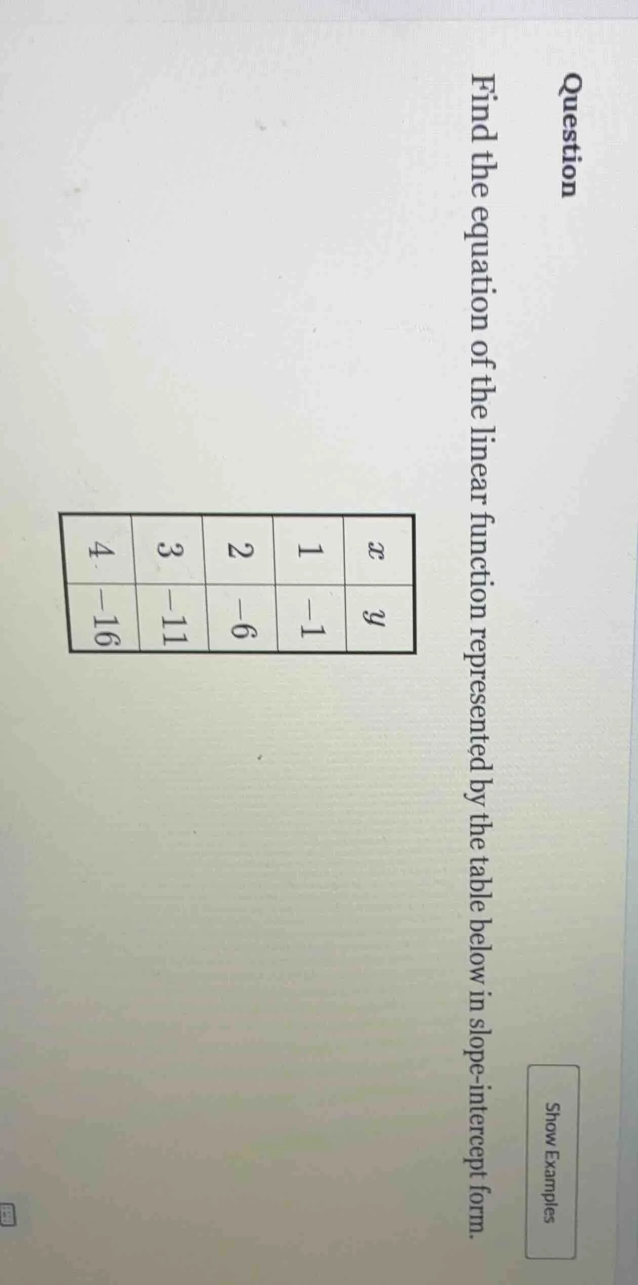 question find the equation of the linear function represented by the ta…