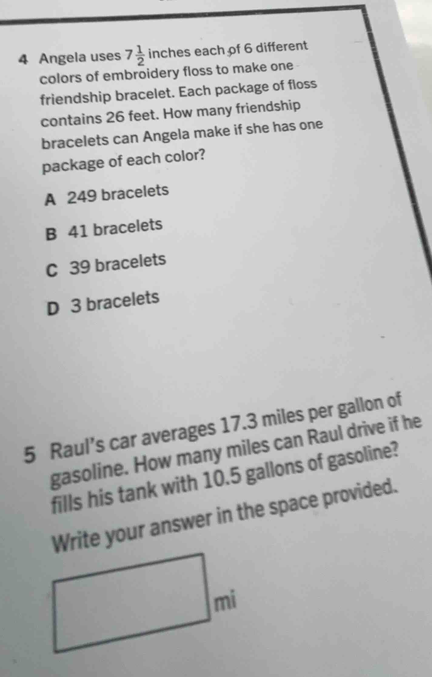 4 angela uses $7\\frac{1}{2}$ inches each of 6 different colors of embr…