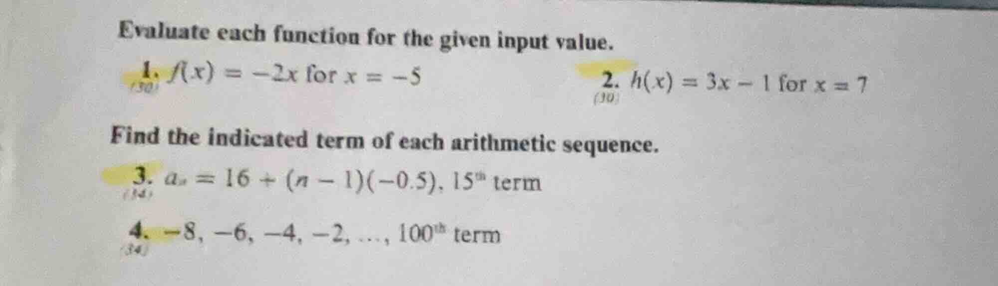 evaluate each function for the given input value. 1. $f(x) = -2x$ for $…