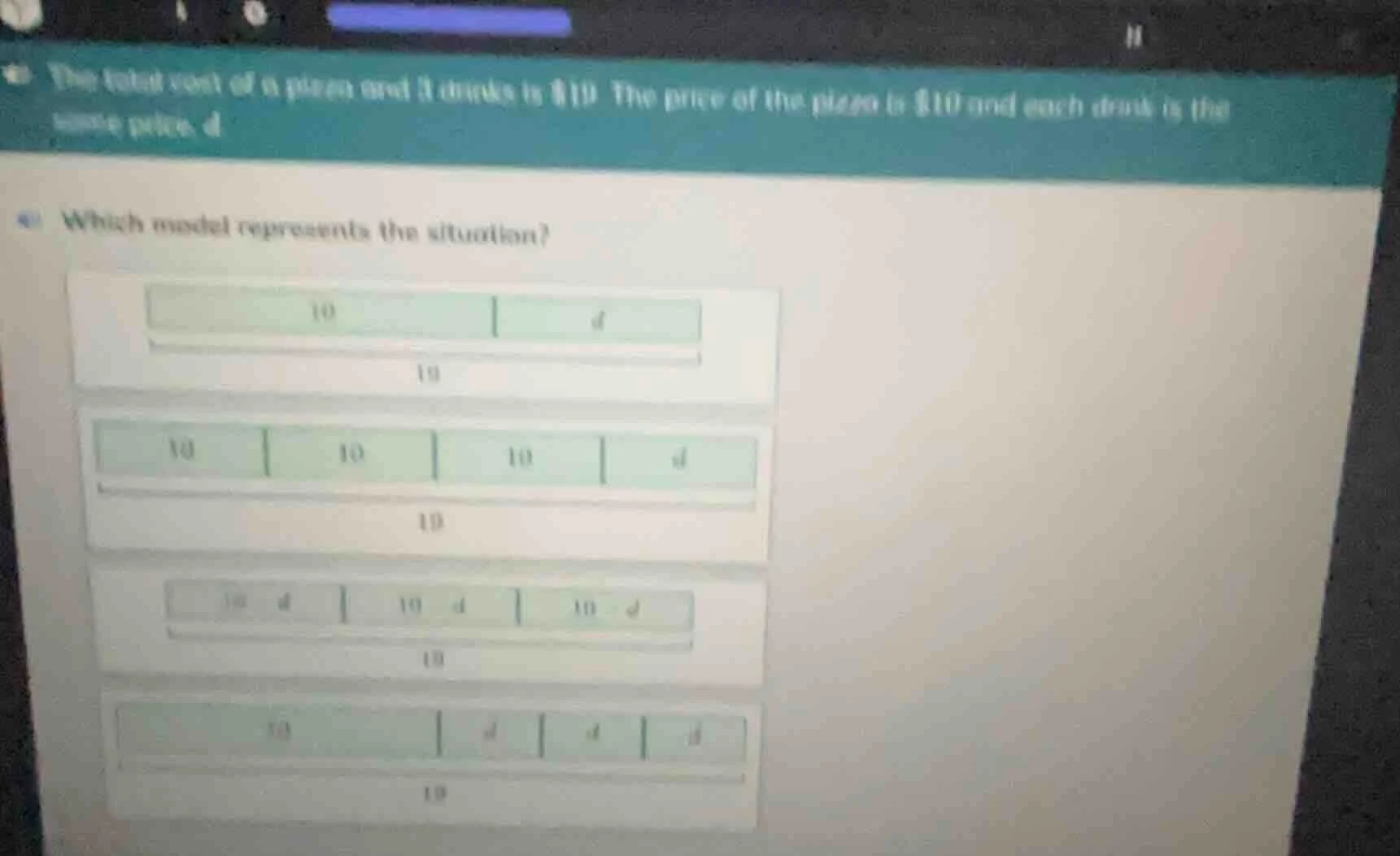 the total cost of a pizza and 3 drinks is $19. the price of the pizza i…
