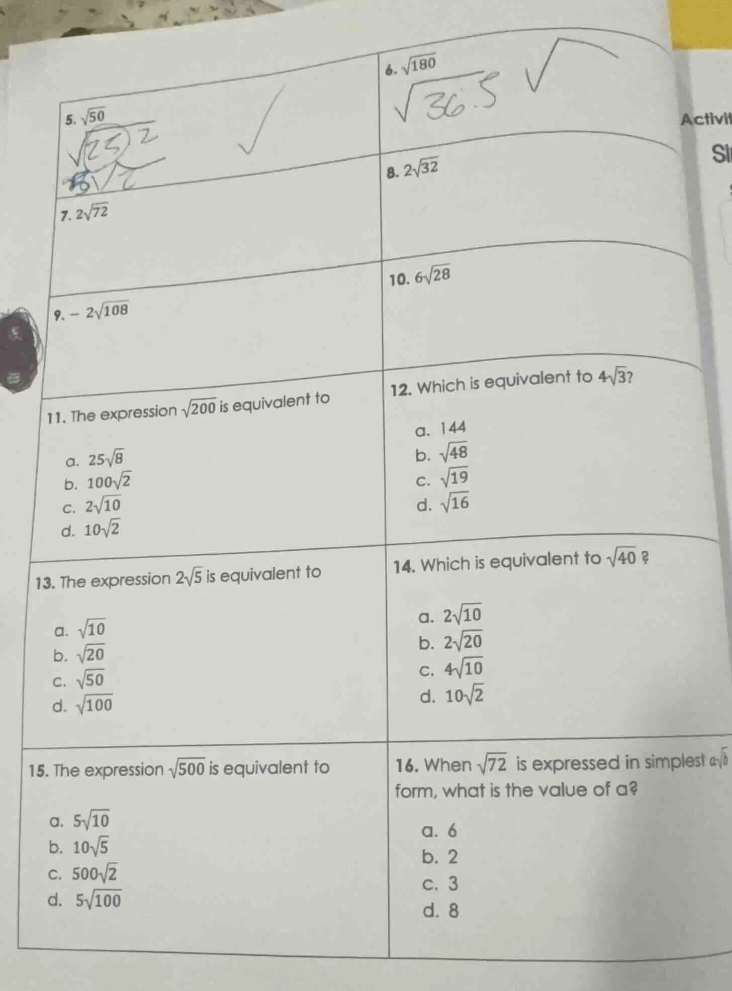 5. $\\sqrt{50}$ 6. $\\sqrt{180}$ 7. $2\\sqrt{72}$ 8. $2\\sqrt{32}$ 9. $…