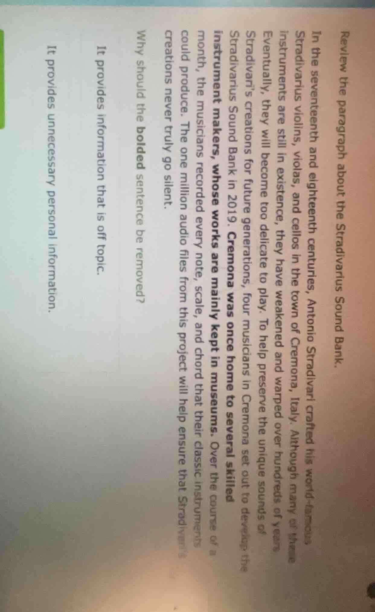 review the paragraph about the stradivarius sound bank. in the seventee…