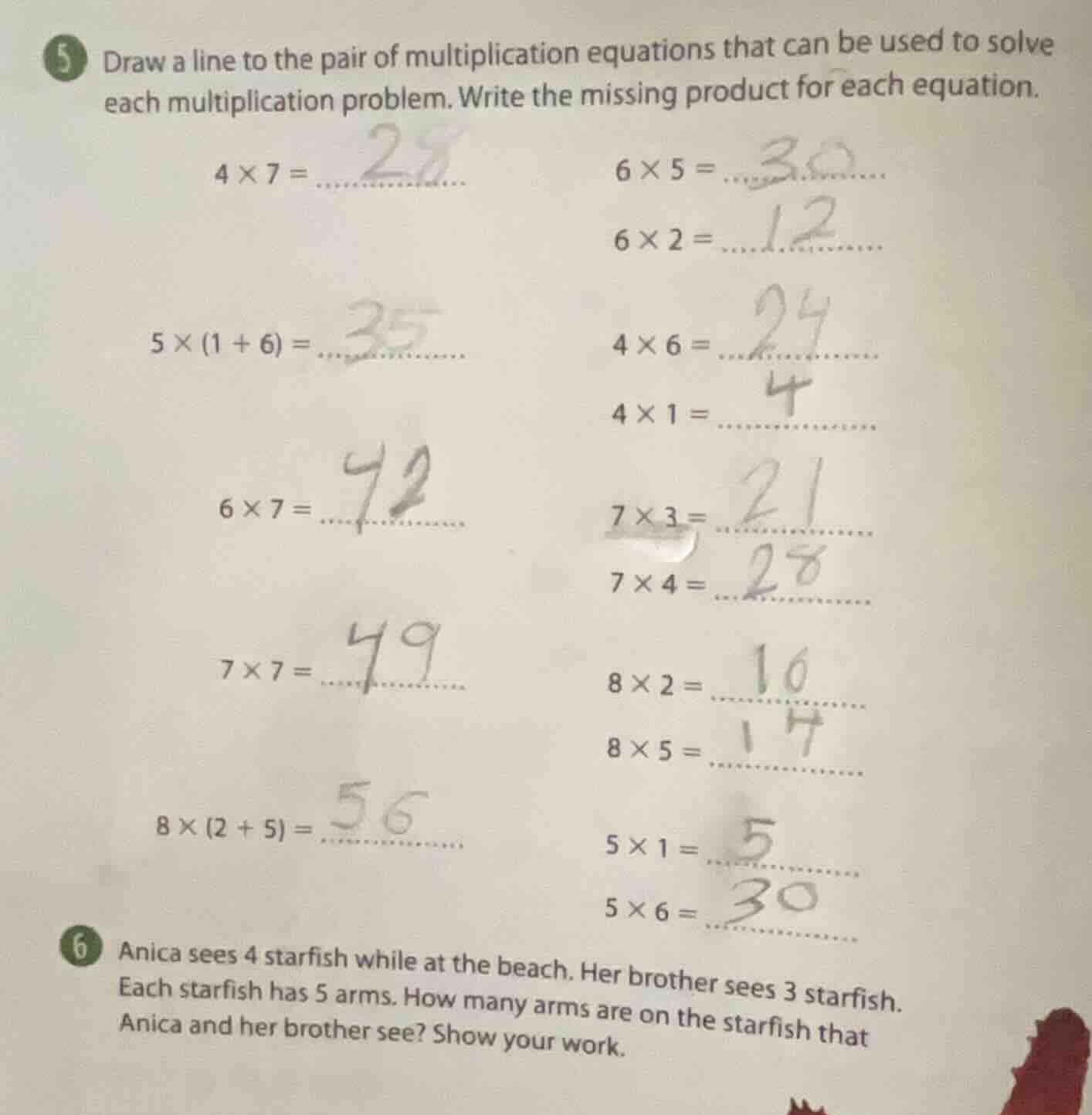 5 draw a line to the pair of multiplication equations that can be used …