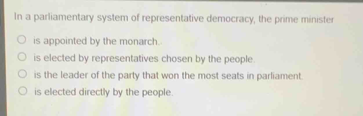 in a parliamentary system of representative democracy, the prime minist…
