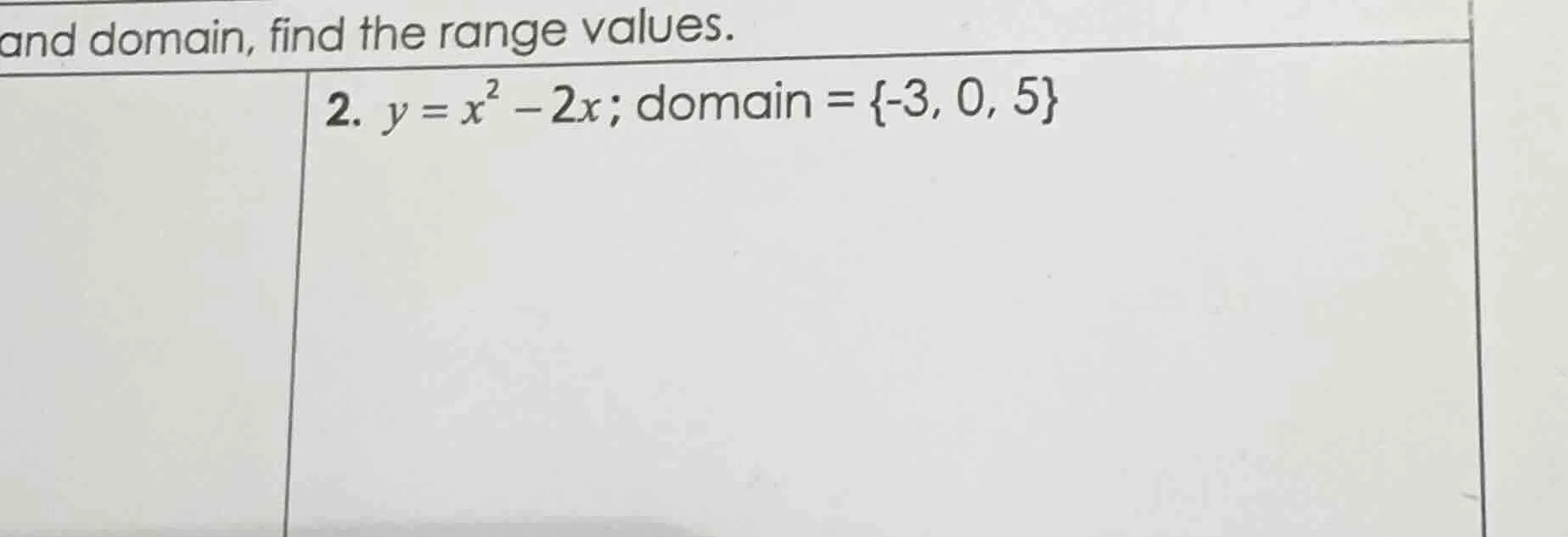 and domain, find the range values. 2. $y = x^2 - 2x$; domain $= \\{-3, …