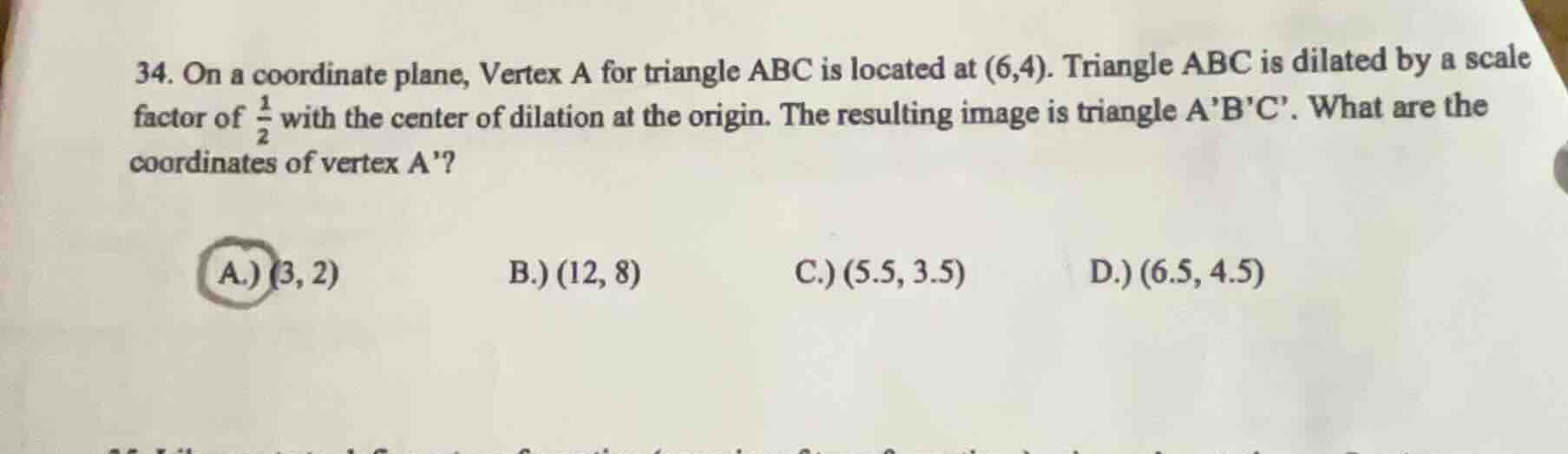 34. on a coordinate plane, vertex a for triangle abc is located at (6,4…