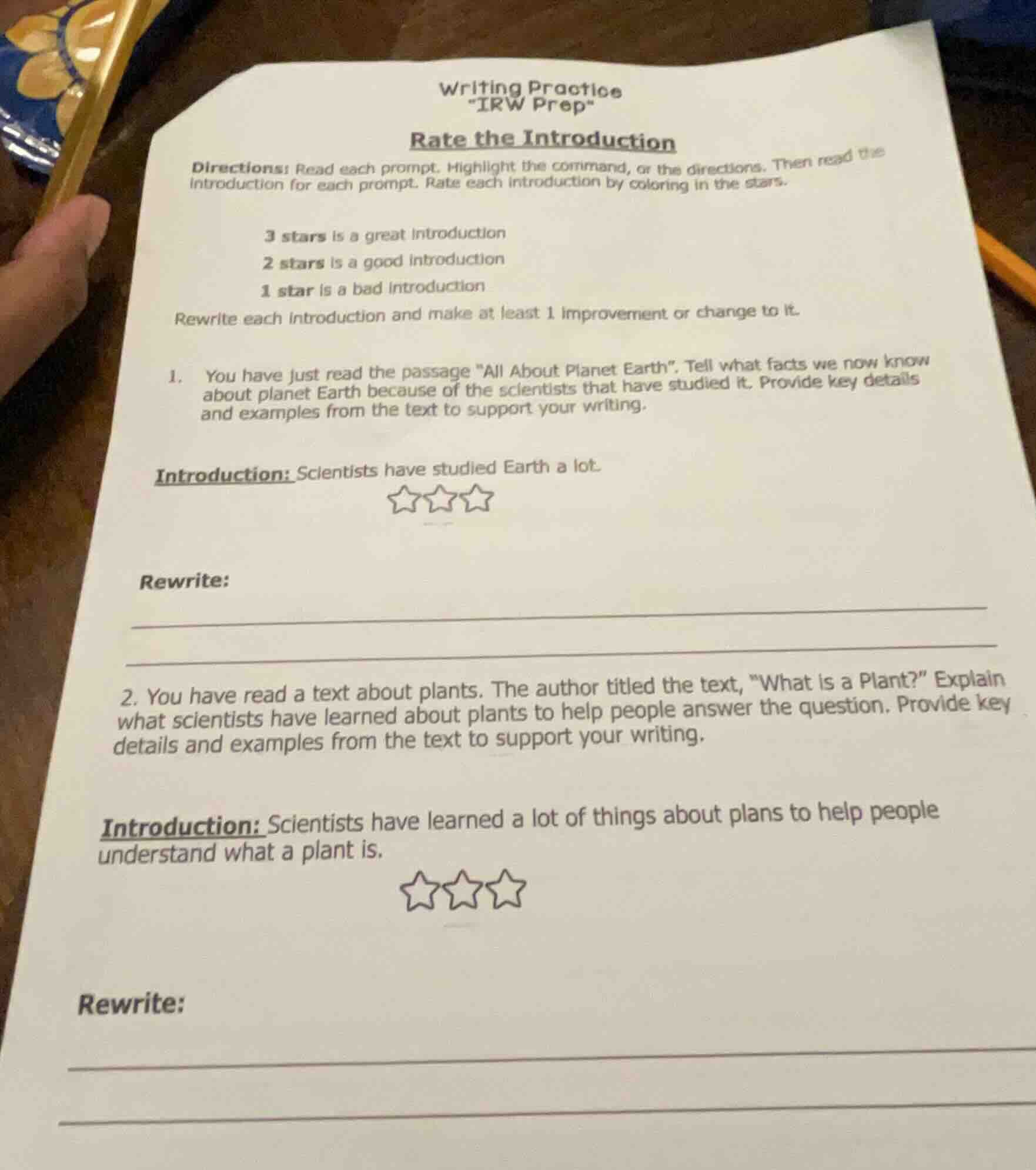 writing practice \irw prep\ rate the introduction directions: read each…
