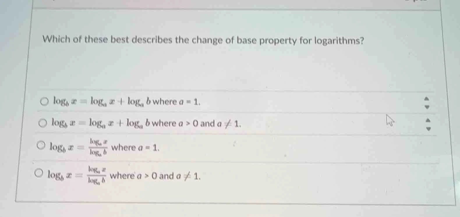 which of these best describes the change of base property for logarithm…