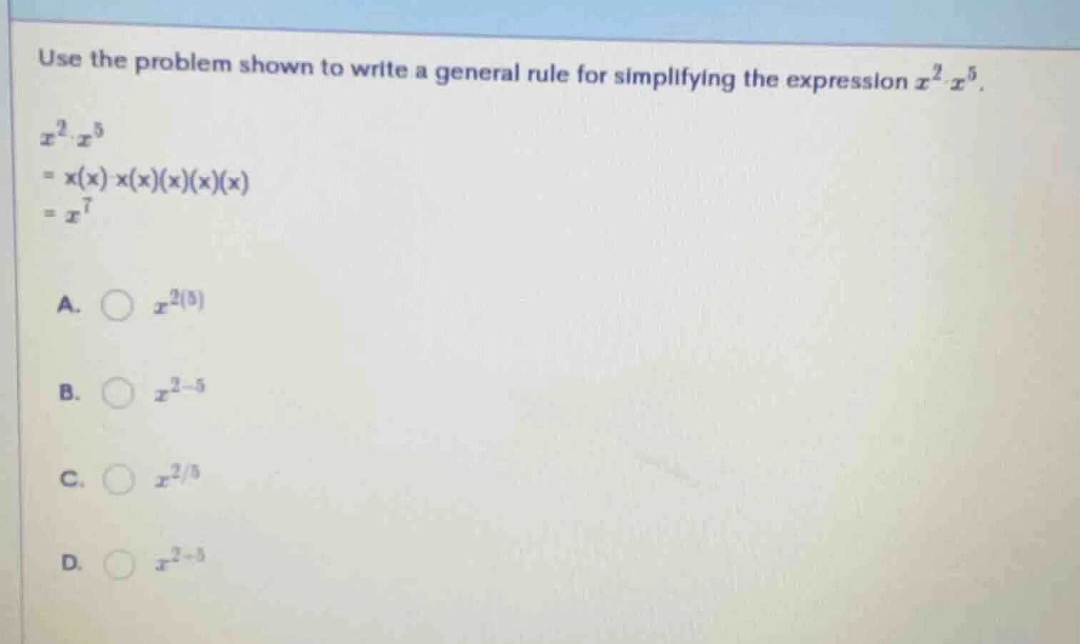 use the problem shown to write a general rule for simplifying the expre…