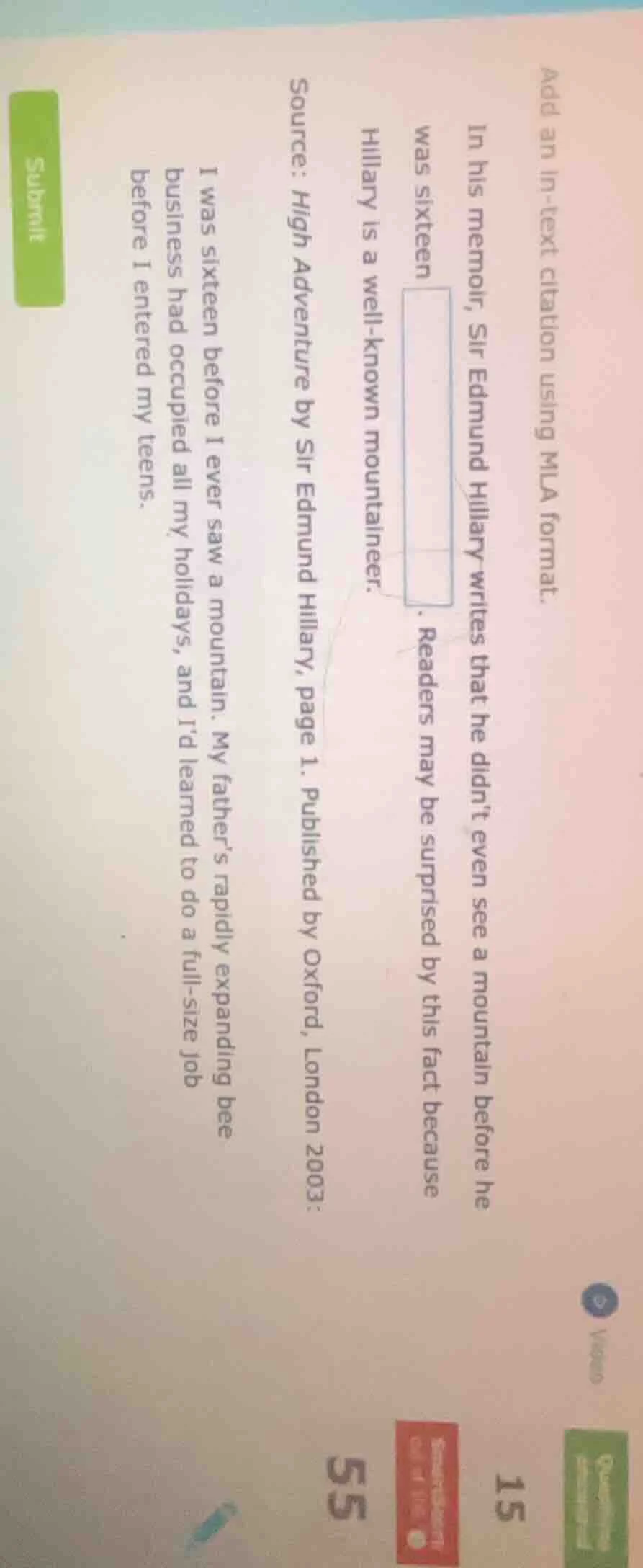 add an in - text citation using mla format. in his memoir, sir edmund h…
