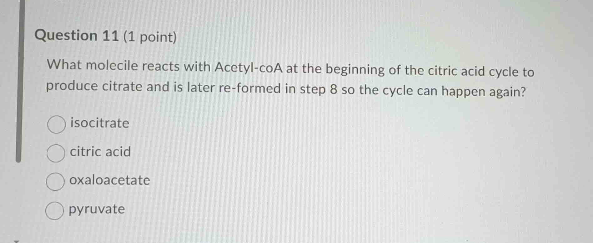 question 11 (1 point) what molecile reacts with acetyl-coa at the begin…
