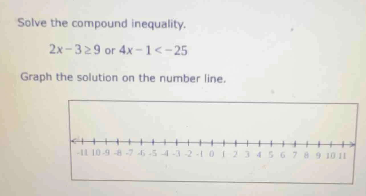 solve the compound inequality. 2x - 3 ≥ 9 or 4x - 1 < -25 graph the sol…