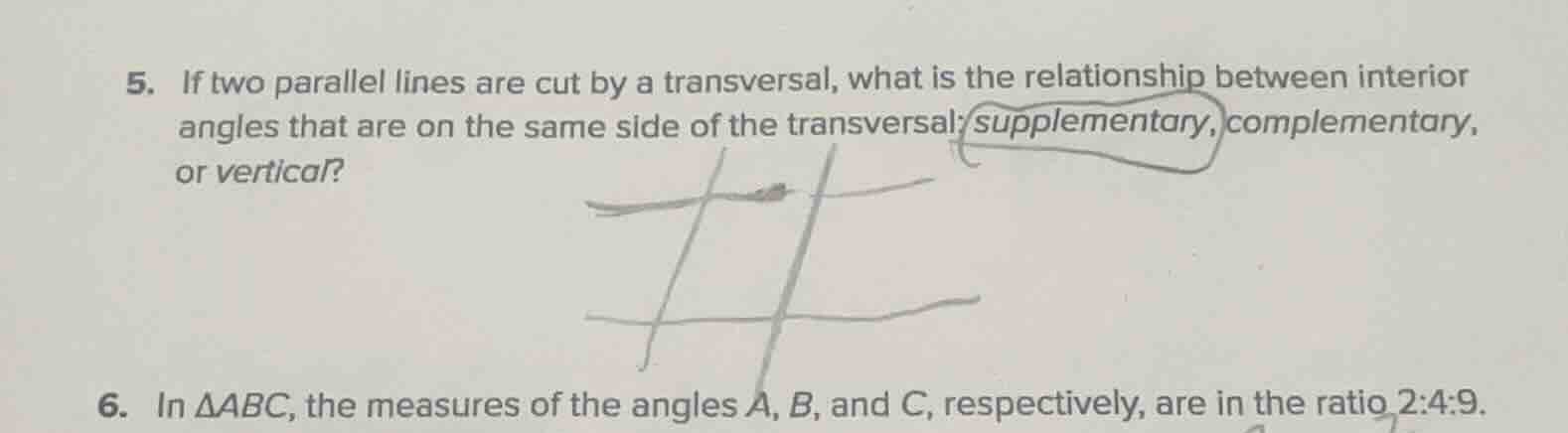 5. if two parallel lines are cut by a transversal, what is the relation…