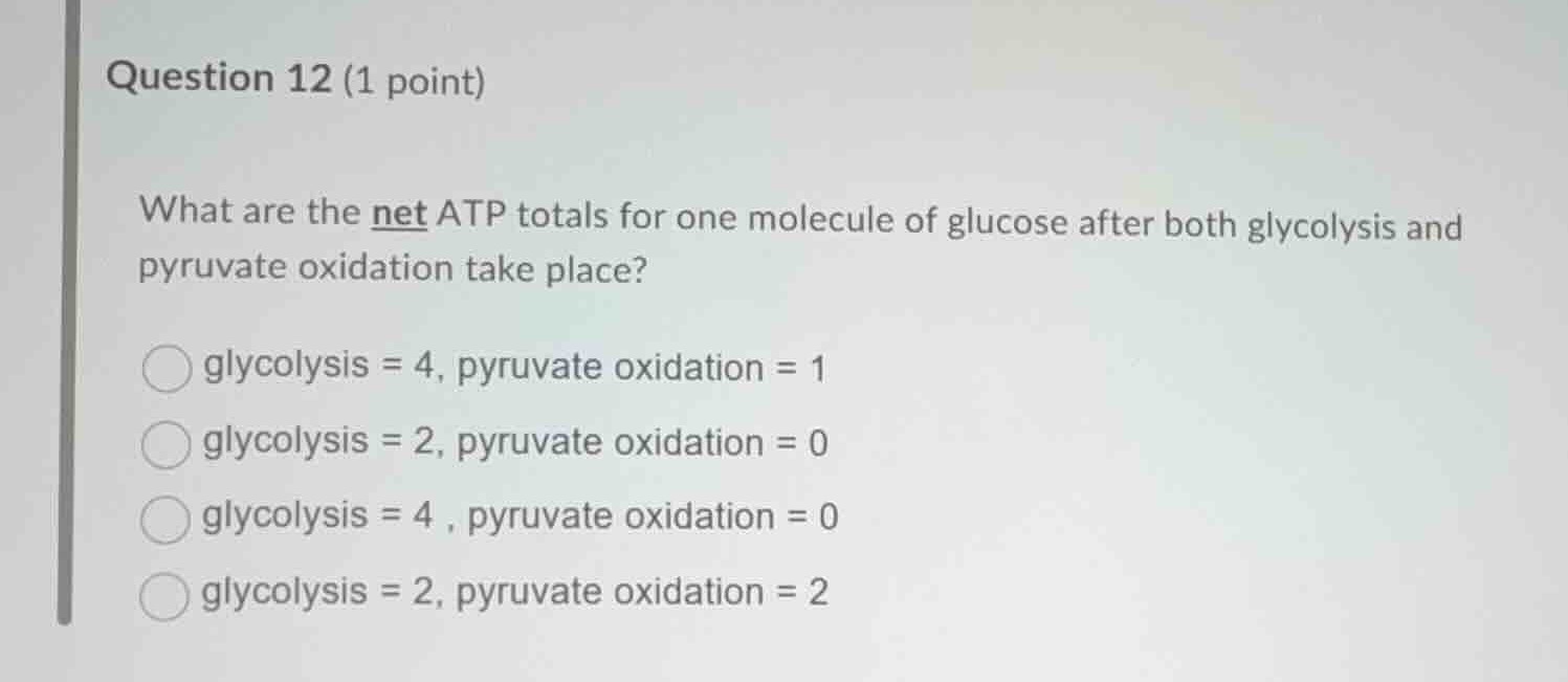 question 12 (1 point) what are the net atp totals for one molecule of g…
