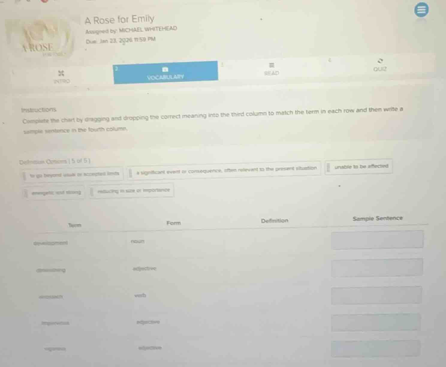 a rose for emily assigned by: michael whitehead due: jan 23, 2026 11:59…