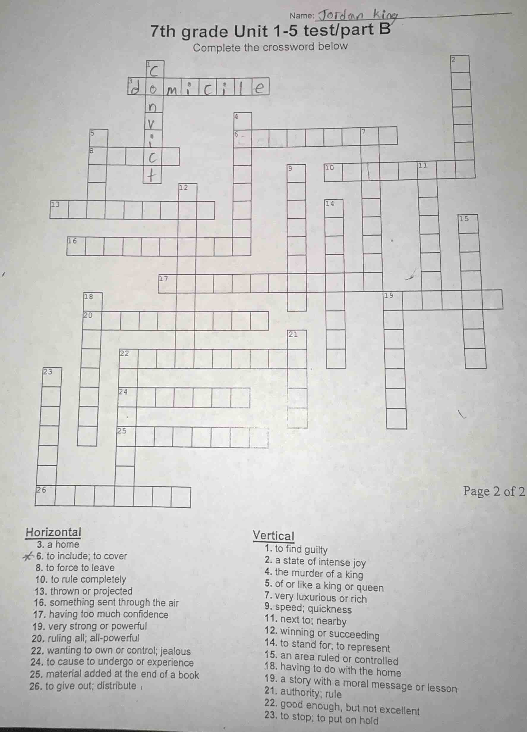 name: jordan king 7th grade unit 1-5 test/part b complete the crossword…