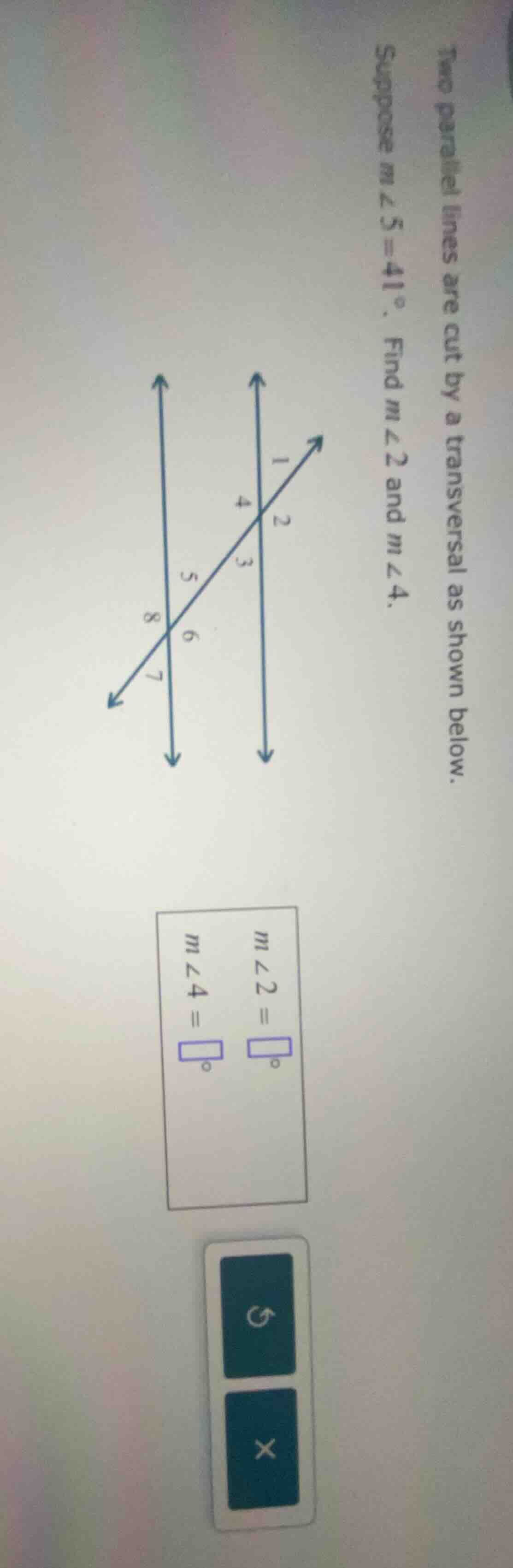 two parallel lines are cut by a transversal as shown below. suppose ( m…
