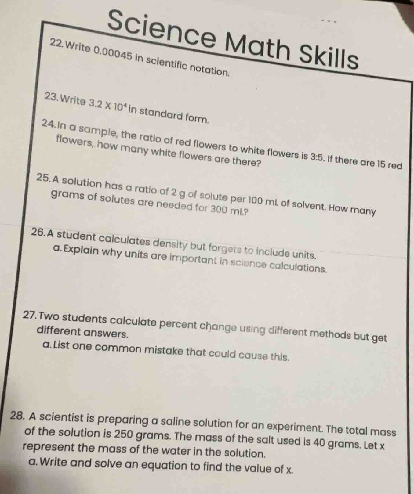 science math skills 22. write 0.00045 in scientific notation. 23. write…