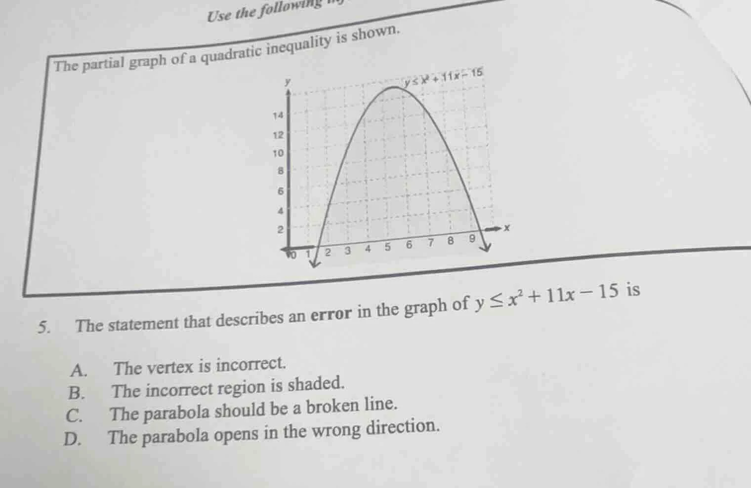 use the following the partial graph of a quadratic inequality is shown.…