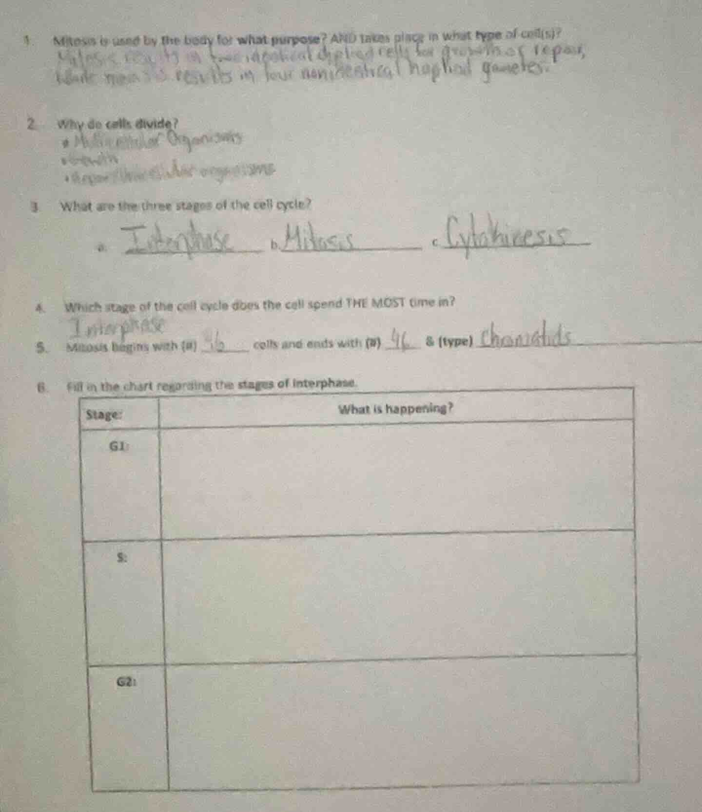 1. mitosis is used by the body for what purpose? and takes place in wha…