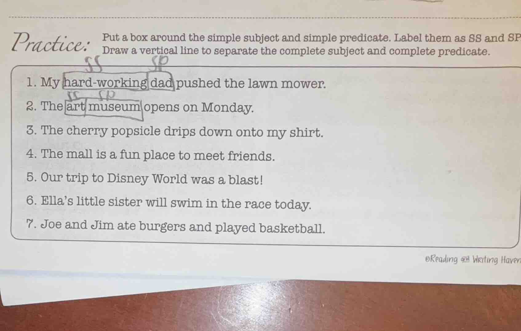 practice: put a box around the simple subject and simple predicate. lab…