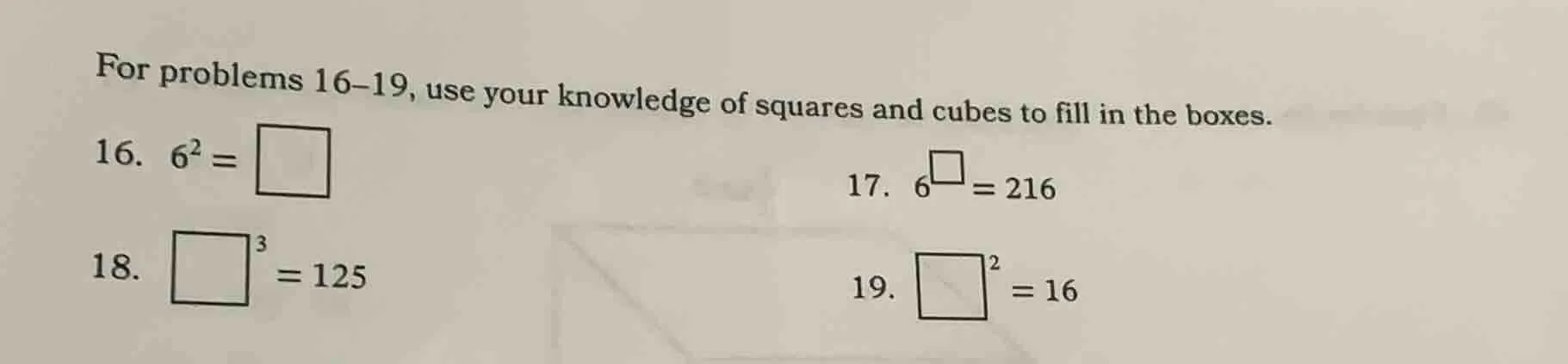 for problems 16–19, use your knowledge of squares and cubes to fill in …