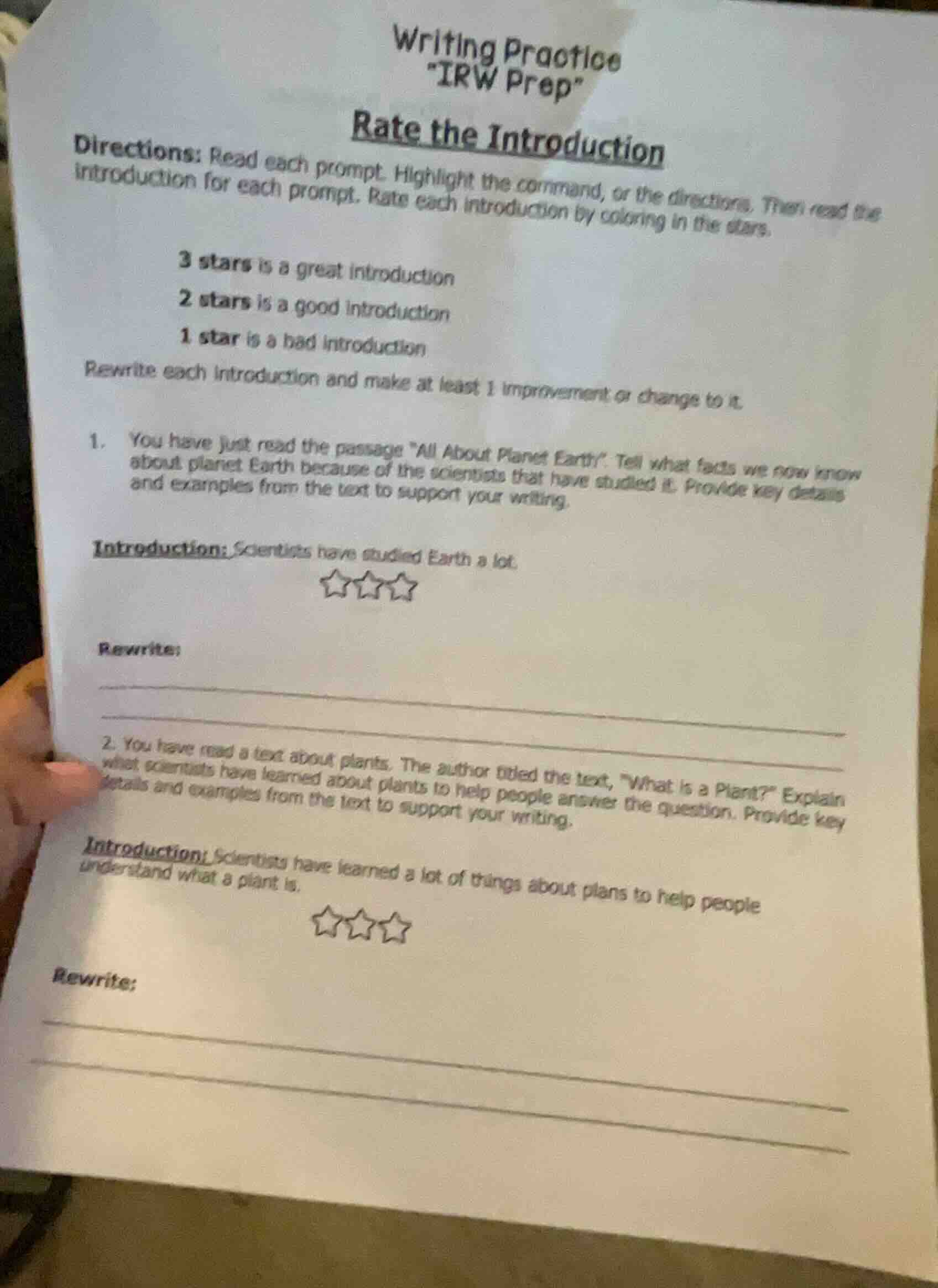 writing practice \irw prep\ rate the introduction directions: read each…