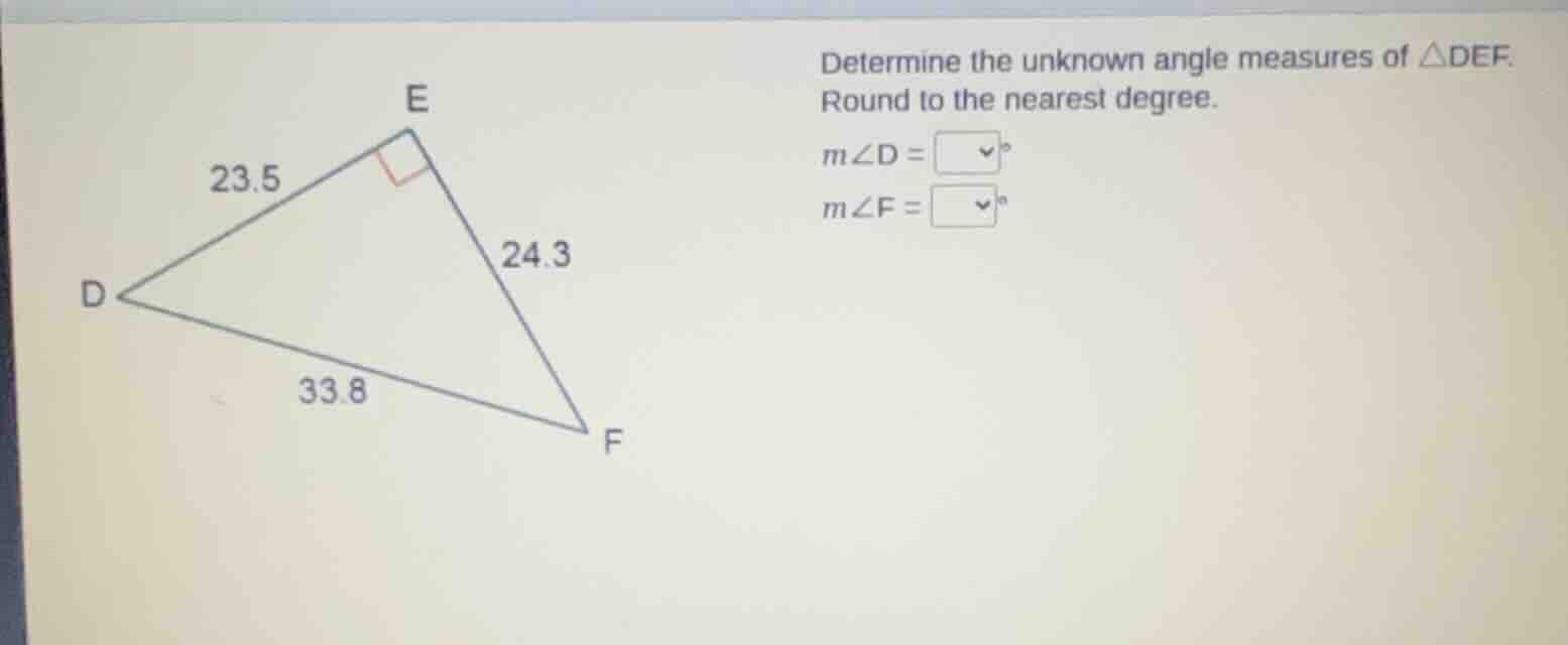 determine the unknown angle measures of △def. round to the nearest degr…