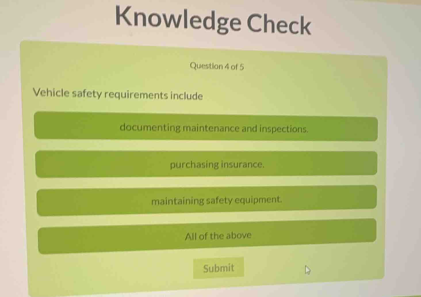 knowledge check question 4 of 5 vehicle safety requirements include doc…