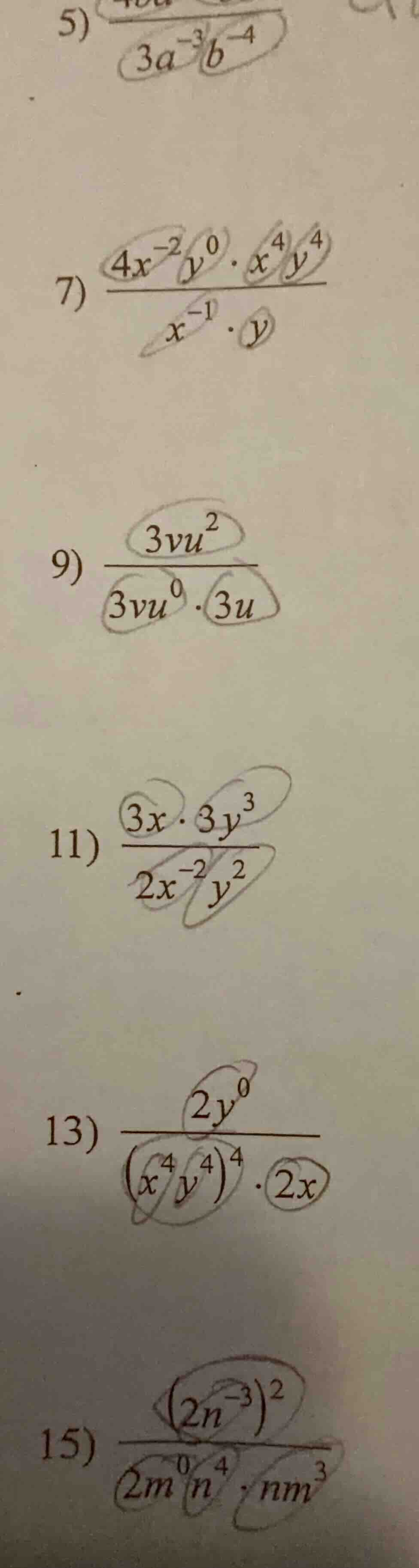 5) \\frac{}{3a^{-3}b^{-4}}\ 7) \\frac{4x^{-2}y^{0}\\cdot x^{4}y^{4}}{x^…
