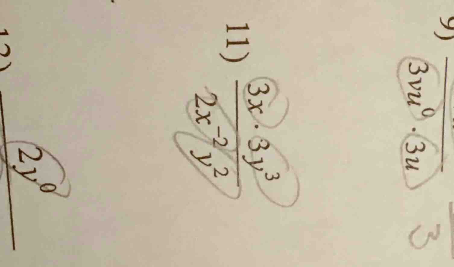 11) \\frac{3x \\cdot 3y^{3}}{2x^{-2}y^{2}}
