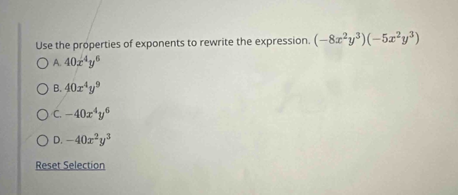 use the properties of exponents to rewrite the expression. $(-8x^{2}y^{…