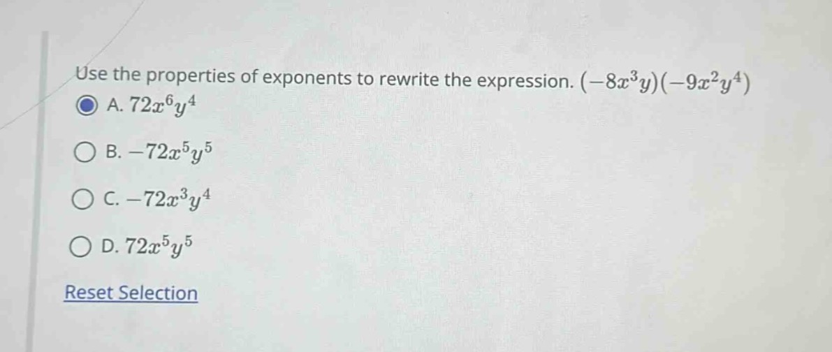 use the properties of exponents to rewrite the expression. $(-8x^{3}y)(…