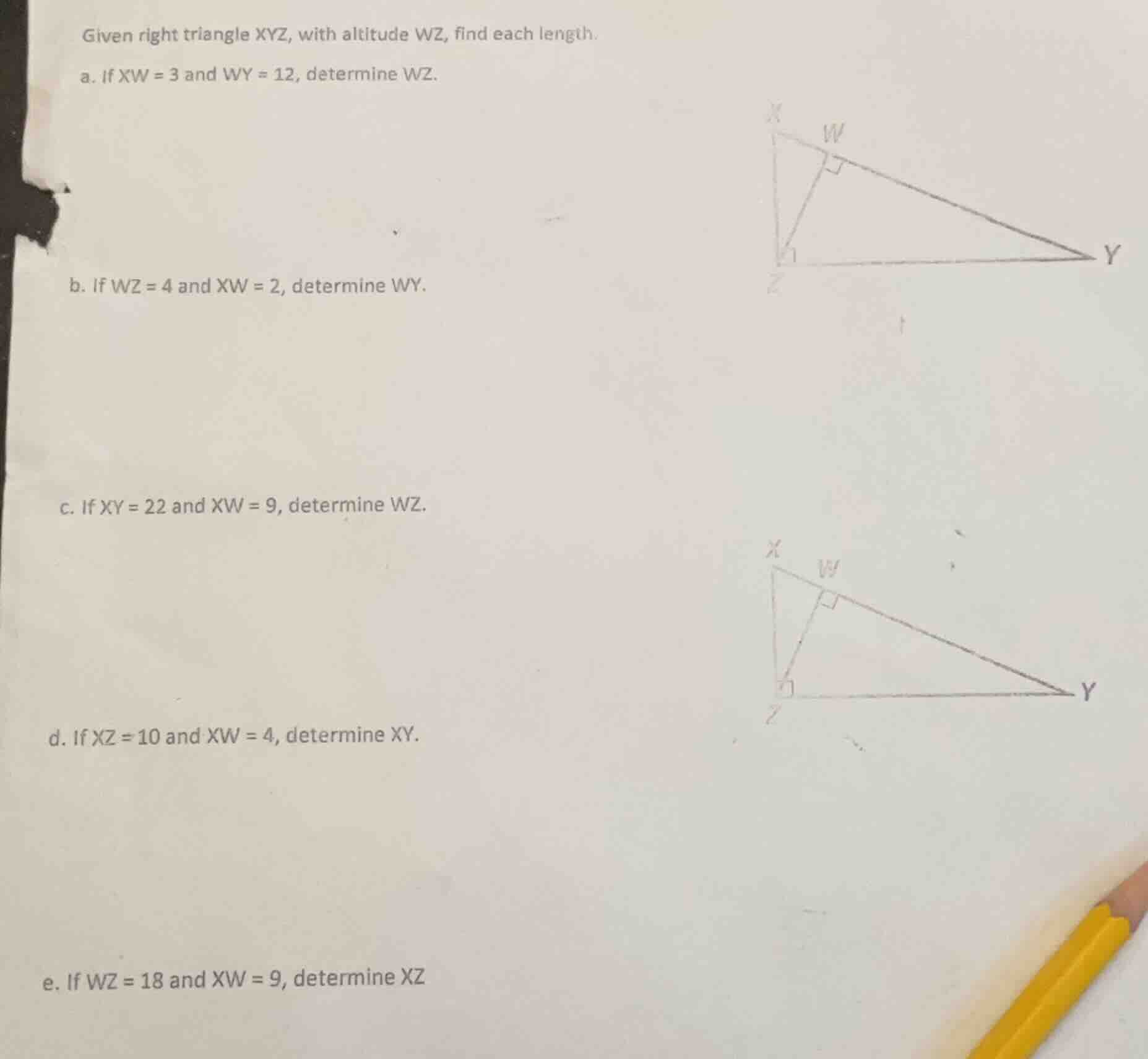 given right triangle xyz, with altitude wz, find each length. a. if xw …