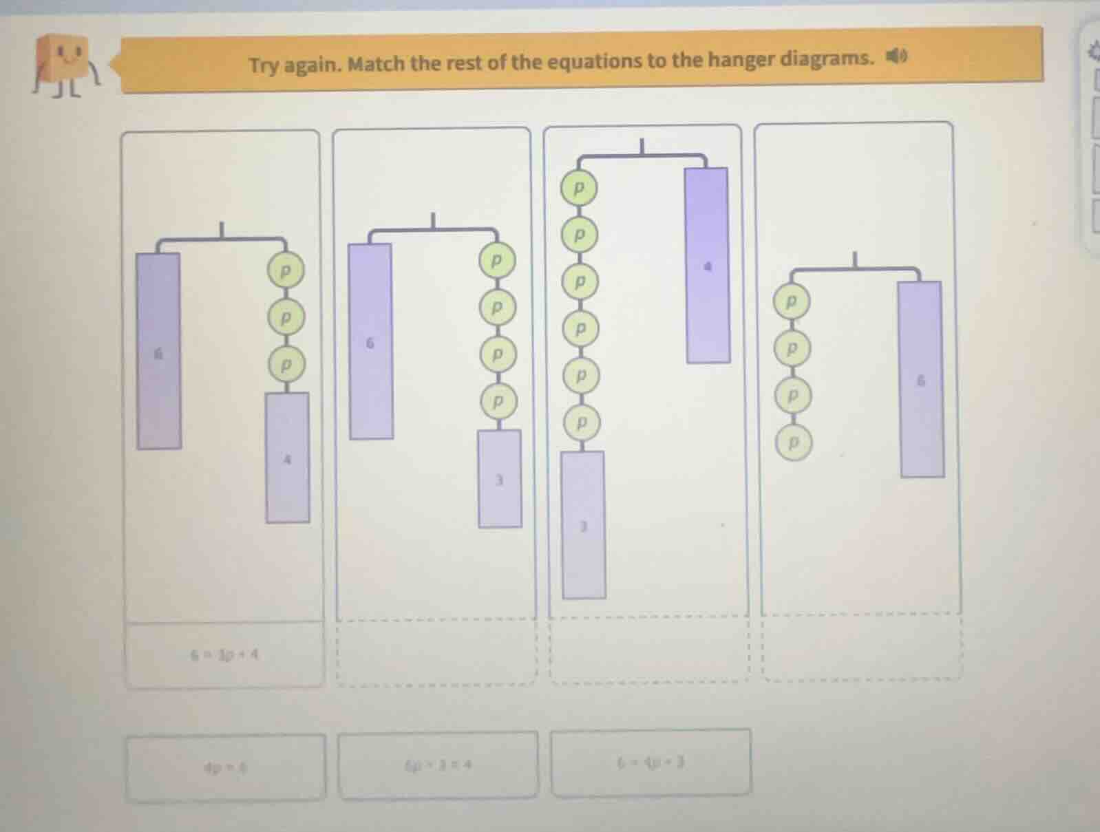 try again. match the rest of the equations to the hanger diagrams. equa…