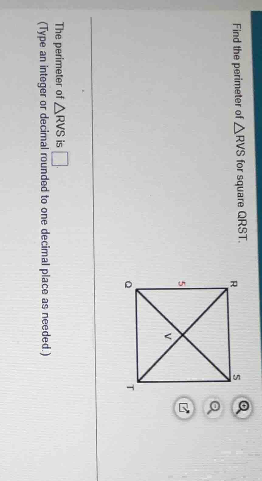 find the perimeter of $\\triangle rvs$ for square qrst. the perimeter o…