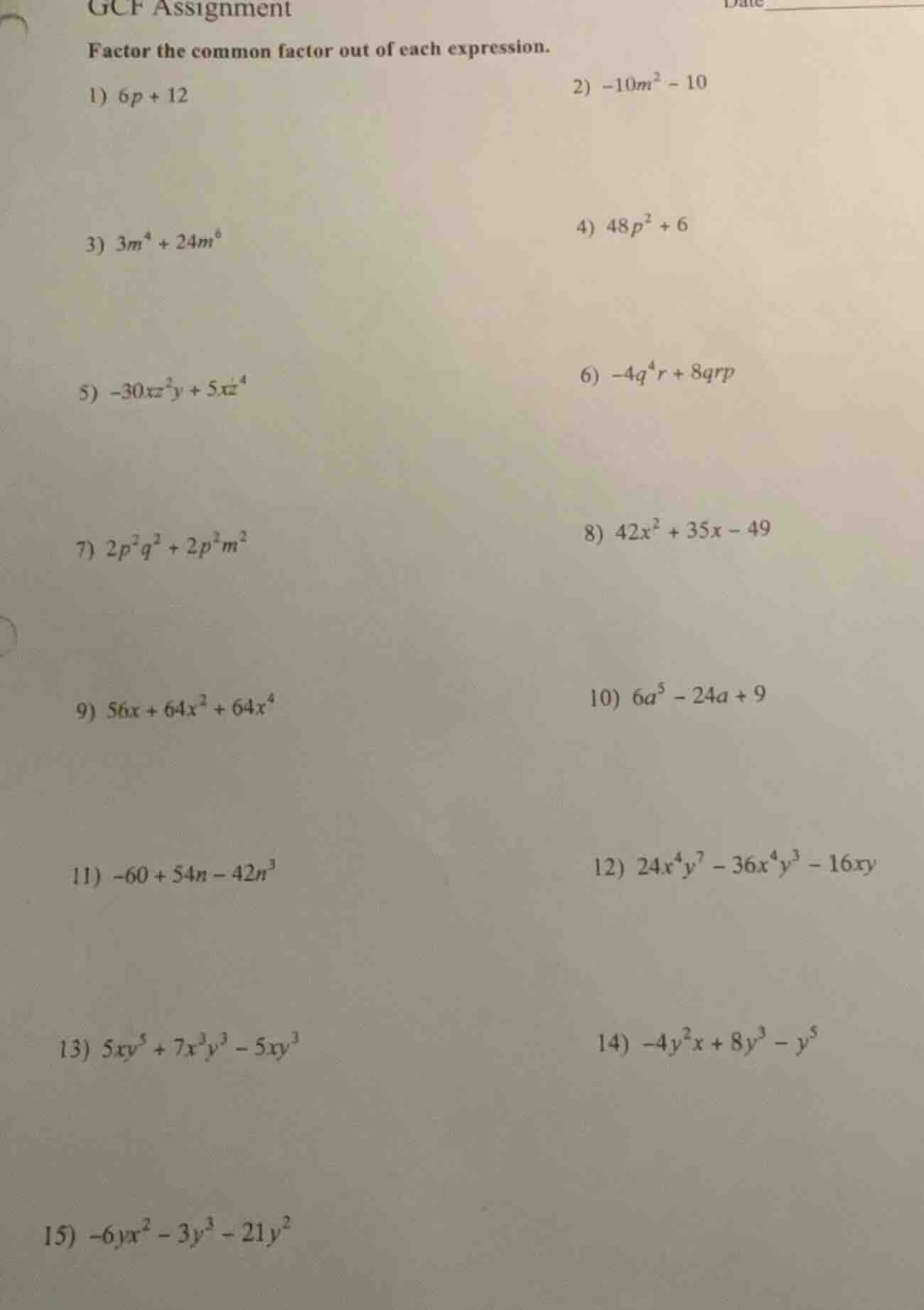 gcf assignment factor the common factor out of each expression. 1) $6p …